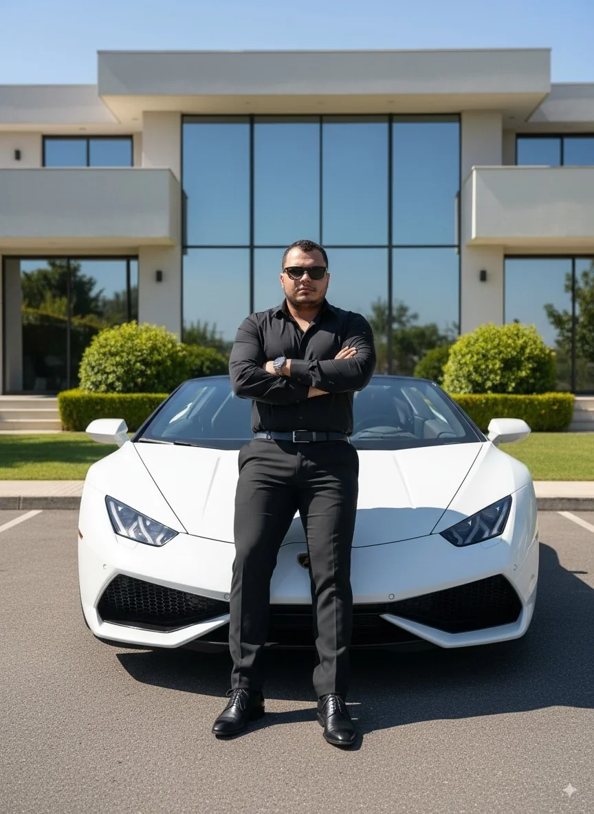 Willyma ao lado de um carro esportivo