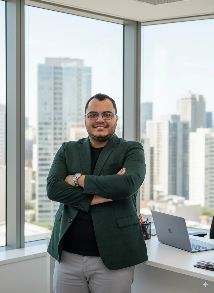 Willyma em escritório com vista da cidade